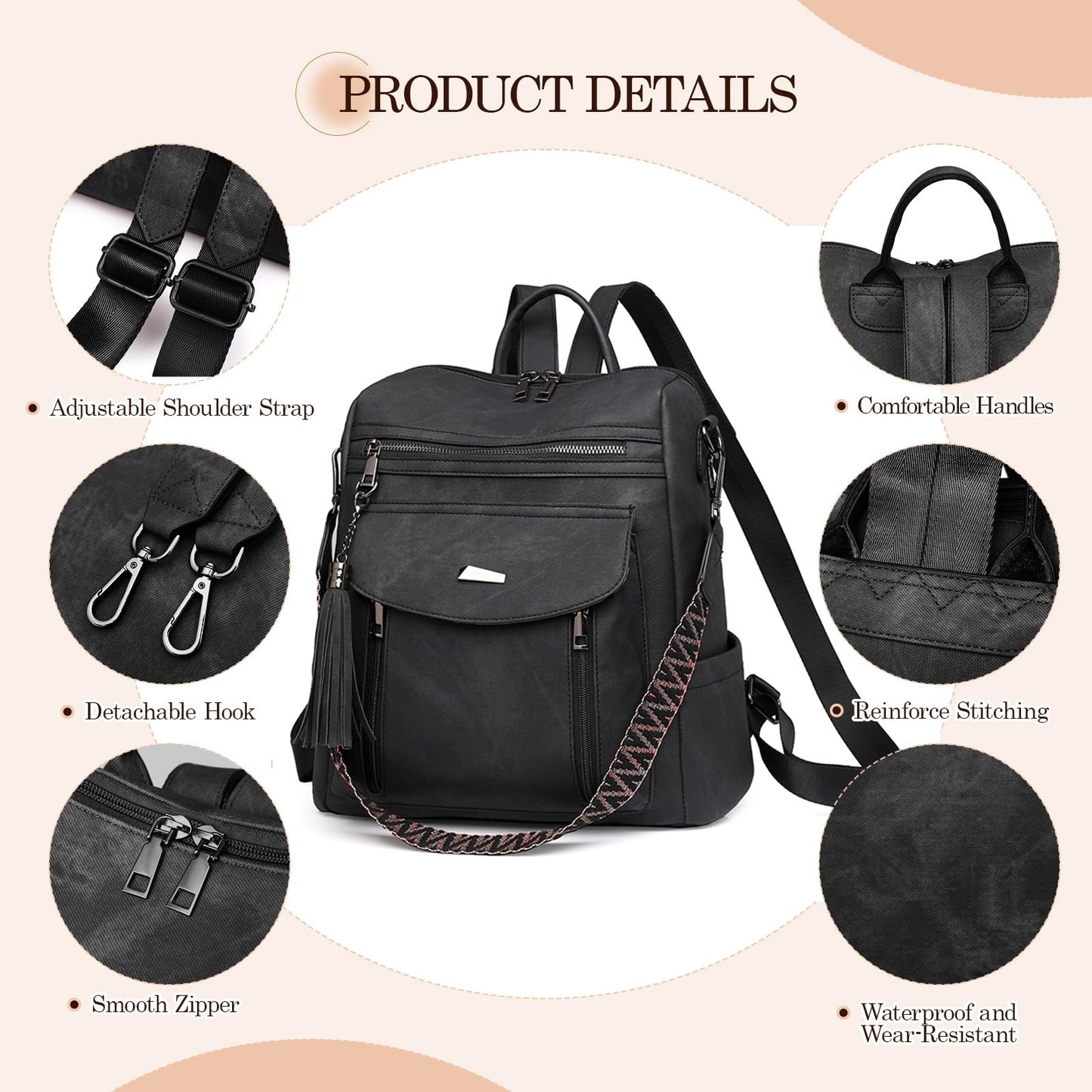 ROOSALANCE Backpack Purse for Women Pu Leather Backpack Fashion Ladies Shoulder Bag Handbags for Travel Daily Use, Black