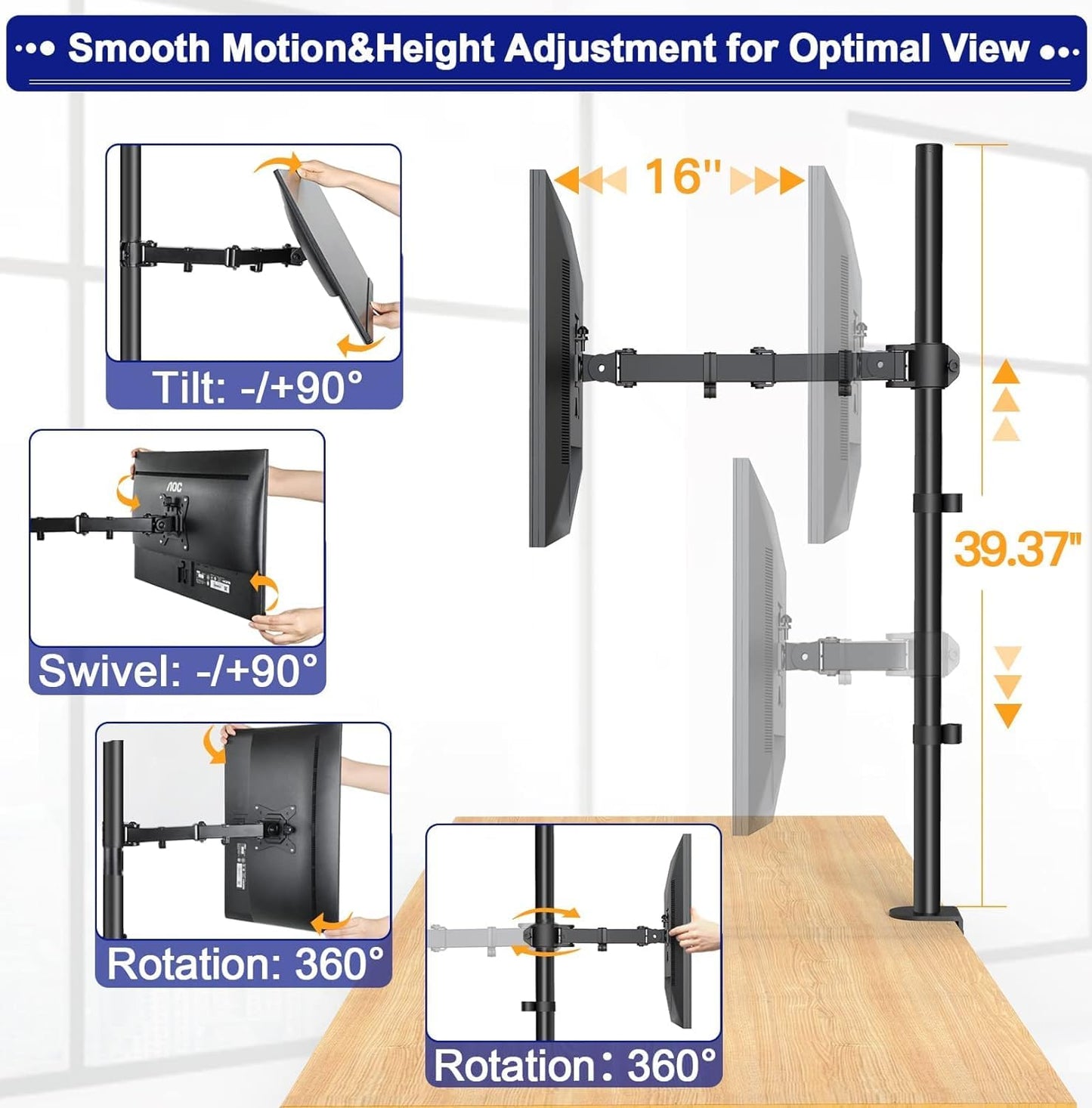 HUANUO Monitor Arm Desk Mount, Fully Adjustable Stand Computer Mount for 13-32 In Screen, Ultra Wide Screen to 38In, Single Extra Tall 39 Inch Monitor Stand Holds up to 22lbs with C Clamp/Grommet Base
