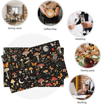 Black Mushroom and Butterfly Linen Placemats Set of 4, Heat Resistant Washable Table Mats for Kitchen Dining Table Party Holiday Outdoor Farmhous, Home Witchy Kitchen Decor, 12" x 18" Place Mats Black