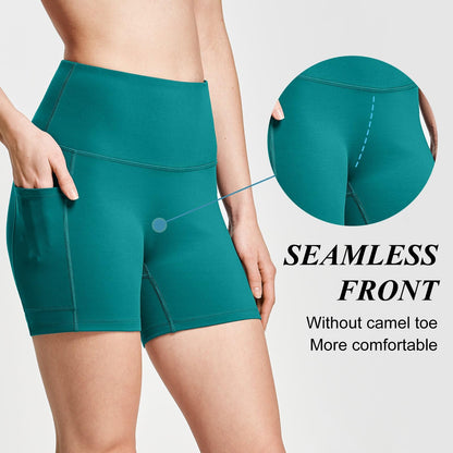 baleaf Biker Shorts Women Yoga Gym Workout Spandex Running Volleyball Tummy Control Compression with Pockets Soft 5" Teal L