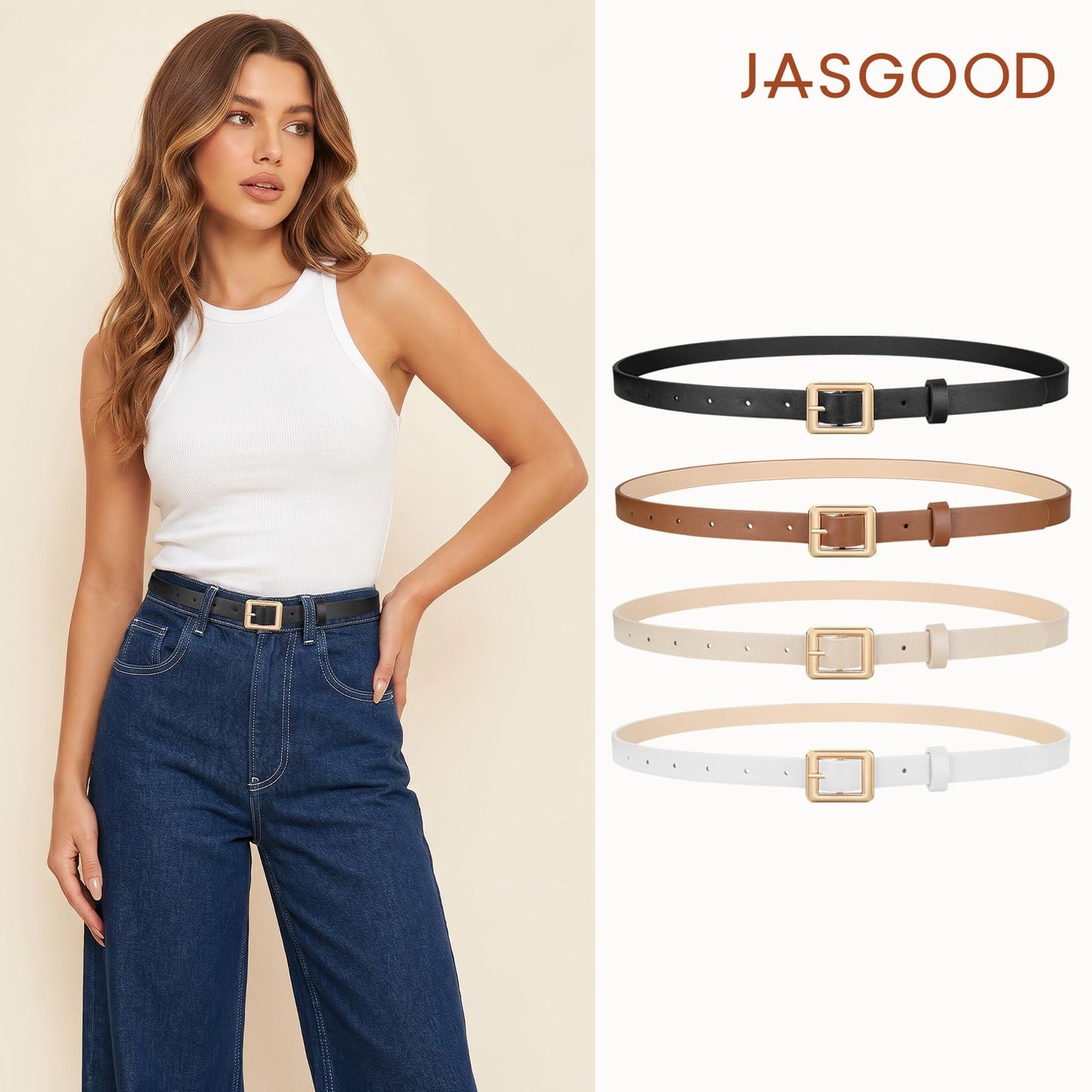 JASGOOD 4 Pack Women Skinny Belts for Jeans Ladies Thin Waist Belt for Dress Gold Buckle 0.7inch Width