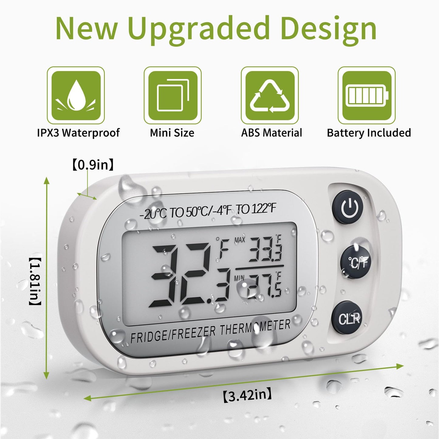 Digital Frigerator Thermometer 2 Pack, Waterproof Fridge and Freezer Thermometer, Thermometer Refrigerator with Large LCD Screen, Stand and Magnetic Back, for Room,Kitchen(White)