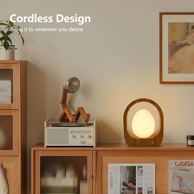 JESLED Rechargeable Cordless Table Lamp, Touch Control 3-Color Dimmable Bedside Lamp, Small Nightstand Lamp with Wooden Mid-Century Modern for Bedroom Ambient Lighting