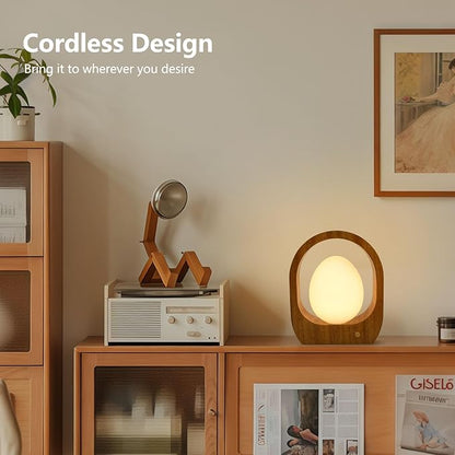 JESLED Rechargeable Cordless Table Lamp, Touch Control 3-Color Dimmable Bedside Lamp, Small Nightstand Lamp with Wooden Mid-Century Modern for Bedroom Ambient Lighting