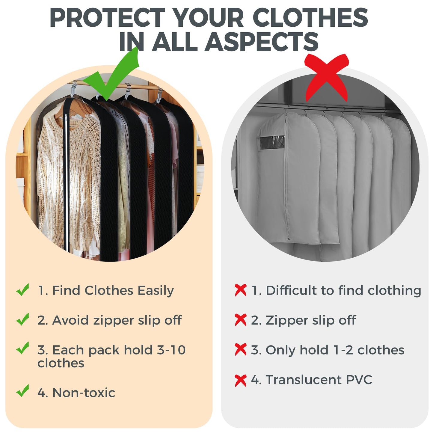 6 Pcs 40" Garment Bags for Hanging Clothes, Clear Suit Bags for Closet Storage Clothing Storage, Garment Bags Shoulder Covers with 4" Gussets for Coats, Jackets, Shirts and Sweater, Black