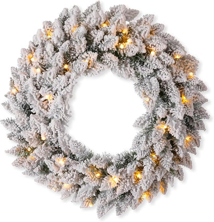 Glitzhome 24" D Pre-Lit Snow Flocked Christmas Wreath with Warm White LED Lights and Timer Artificial Decoration Wreath for Front Door Wall Window Indoor Outdoor Christmas Decorations
