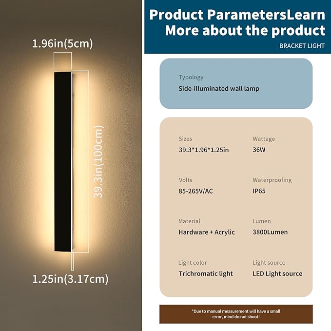 39inch Long Outdoor Wall Lights, Modern Wall Mounted Lighting Fixture, 3 Color Lights 3000K/4500K/6000K, IP65 Waterproof, Black LED Exterior Wall Sconces for Patio, House, Courtyard, Porch