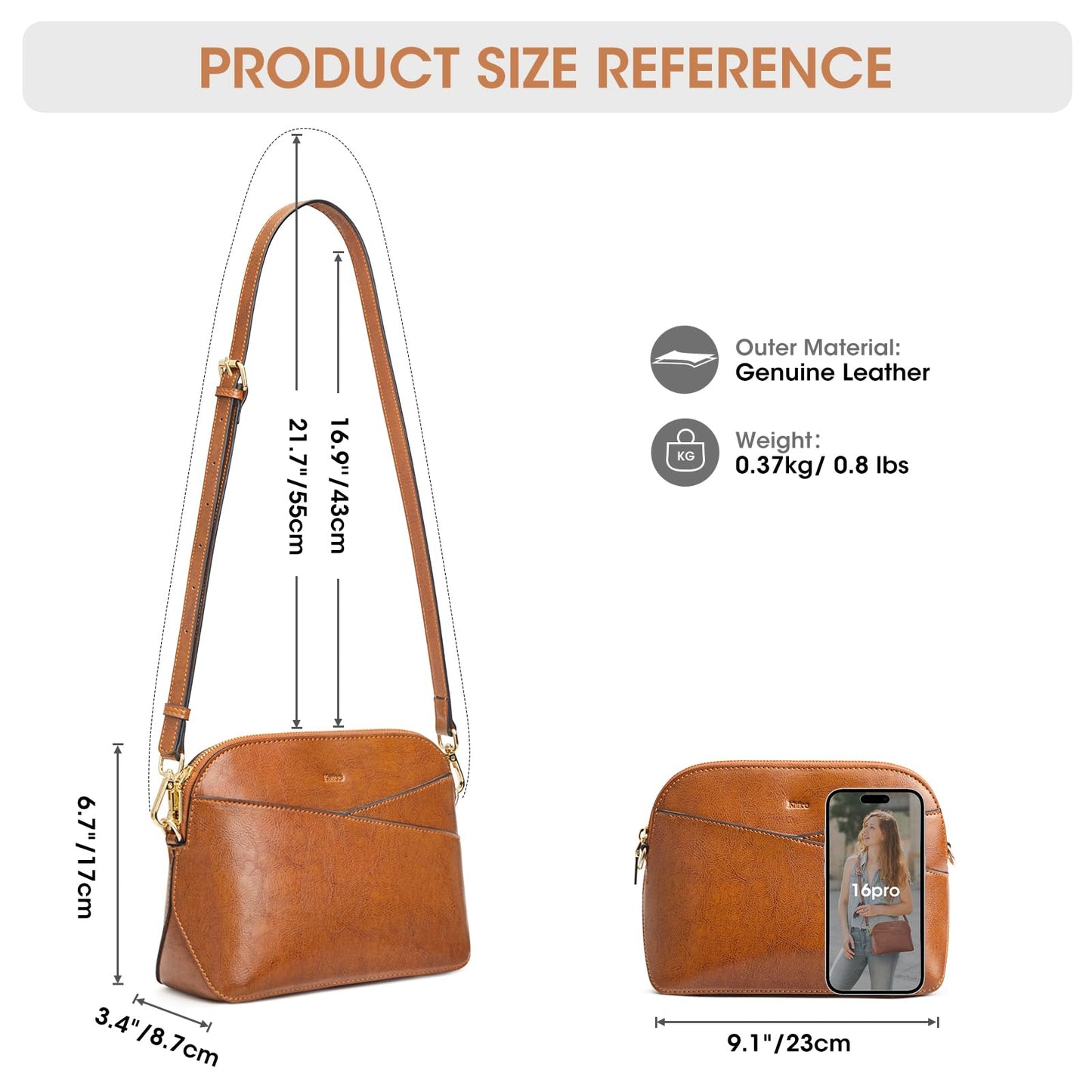 Kattee Leather Crossbody Bags for Women Trendy, Small Purses Handbags Shoulder Bag, Genuine Leather Cross Body Bag for Woman, Light Brown