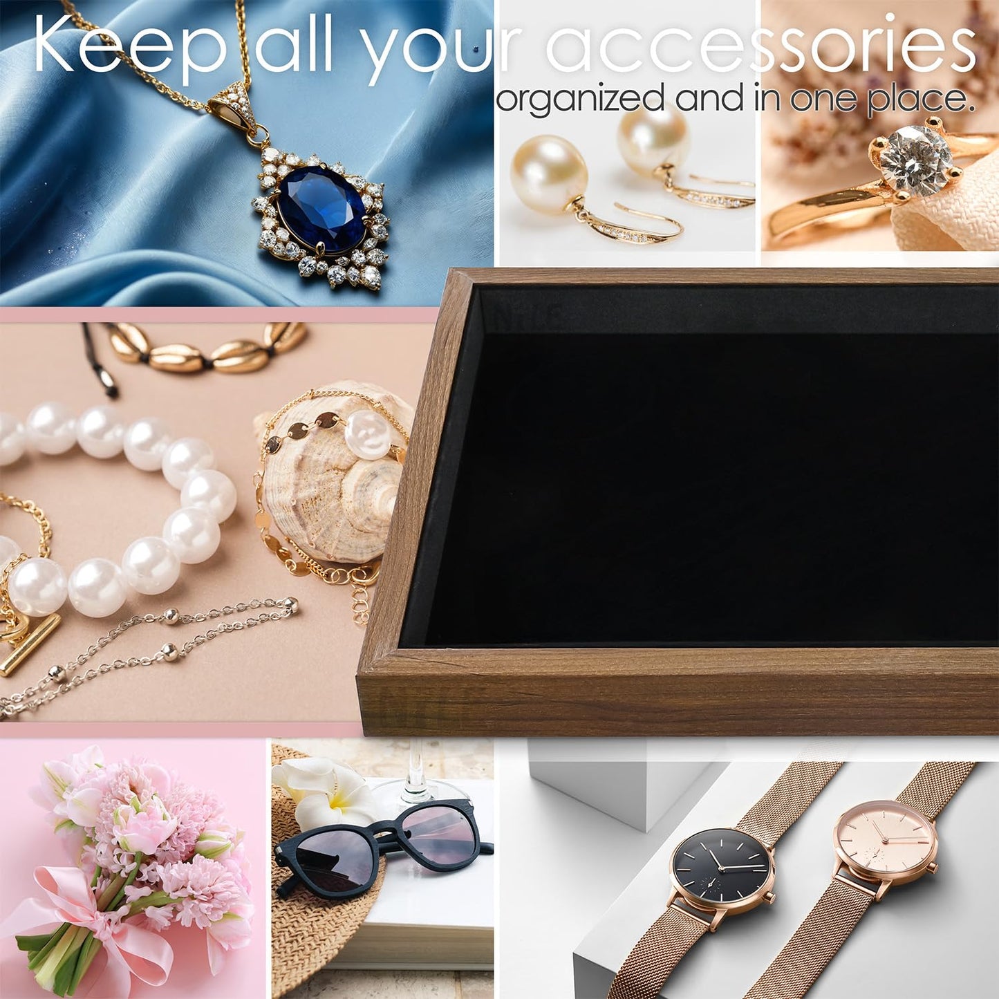 MOOCA 2 Pcs Wooden Jewelry Display Tray, Presentation Tray, Organizer for Rings, Necklaces, Earrings, and Accessories, Walnut Color with Black Suede, 14" W x 9.6" D x 1.2" H