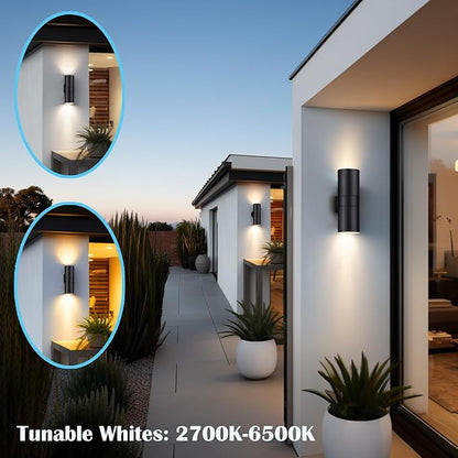 Exterior Double Up Down Outdoor Wall Lights, Mi.Light Remote Control RGB Color Changing 1200lm Warm White 3000k RGB+CCT Cylinder Outdoor Wall Light, Smart LED Exterior Lighting (2 Pack)