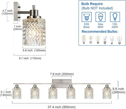 MELUCEE 6 Lights Bathroom Lighting Fixtures Over Mirror Brushed Nickel with Hammered Glass Shade, Vanity Light Indoor Wall Mounted Lamp for Bathroom Bedroom Kitchen