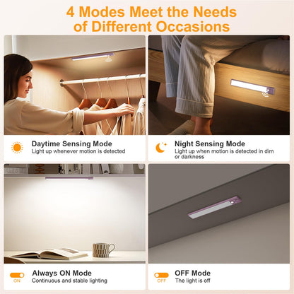 Gritin 10.2inch Under Cabinet Lighting Rechargeable 2 Pack- 3 Color Temps&5 Level Brightness, Super Bright, 4 Modes, Motion Sensor, Long Lasting - Easy Installation Magnetic Under Closet Lights-Mauve