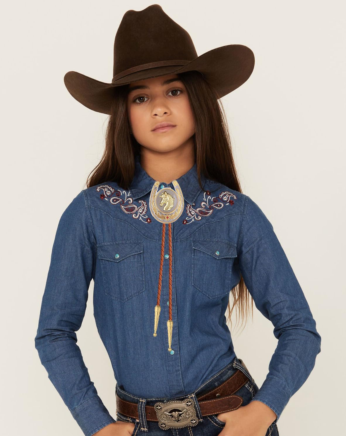 GelConnie Bolo Tie for Men Western Cowboy American Golden Horse Bolo Ties Brown Leather Western Costume Accessories