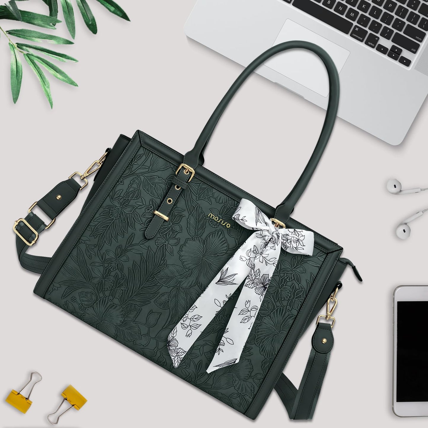 MOSISO Laptop Bag for Women, 15.6-16 inch PU Leather Tote Bag Compatible with MacBook, HP, Dell, Asus Notebook, Front Embossed Retro Hibiscus Computer Bags with Silk Scarf&Clutch Purse, Emerald Green