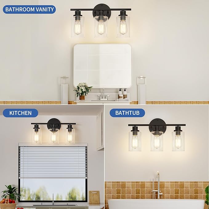 GORDNWE Modern Farmhouse Vanity Light Fixtures - 3 Light Matte Black Bathroom Lighting Over Mirror, E26 Bulb Base