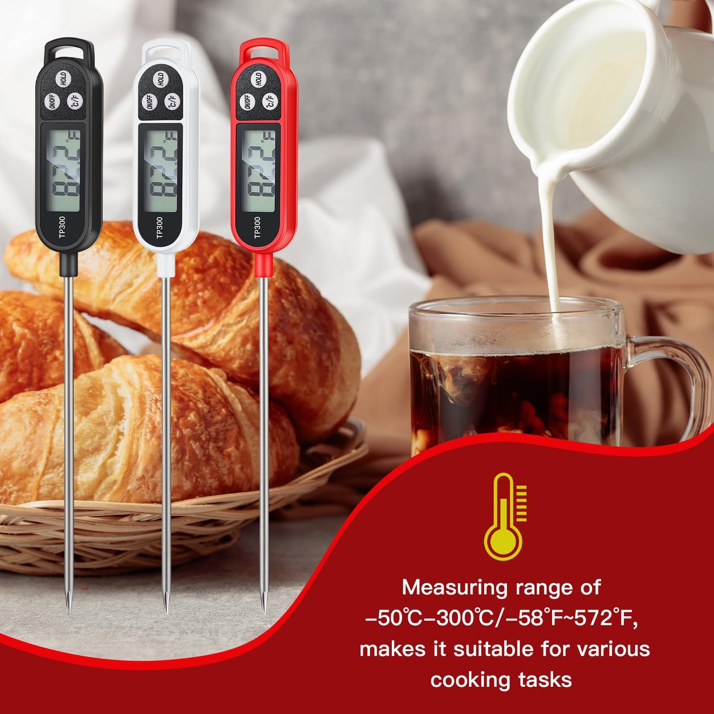 6 Pcs Instant Read Meat Thermometer with Long Probe 9.65 Inch Kitchen Cooking Food Candy Waterproof Digital Thermometer for BBQ Water Milk Yogurt Liquid (Round&Square Ring,Black,White,Red)