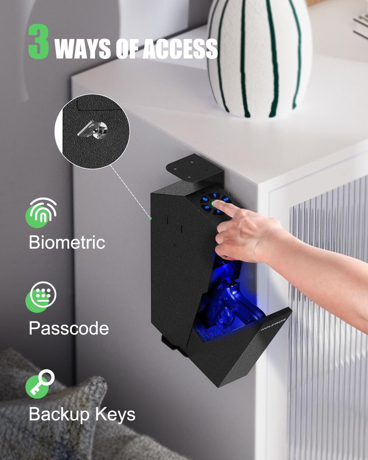 HOLEWOR Gun Safe, Biometric Pistol Safe Fingerprint Quick Access Drop Down Handgun Safe Single Mount Pistol Case for Desk Bedside Nightstand