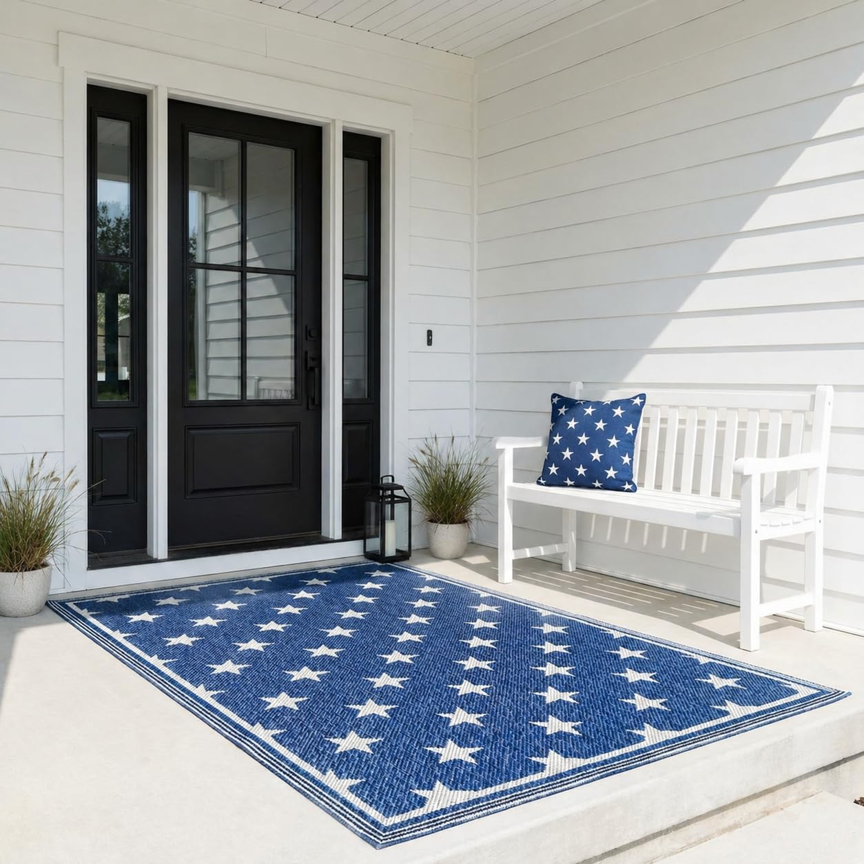 3x5ft Patriotic Outdoor Rug Waterproof Plastic Straw Patio Mat Reversible Red White and Blue Striped Area Rug for Camping RV Porch Deck Backyard 4th of July Independence Day Decorations(Star)