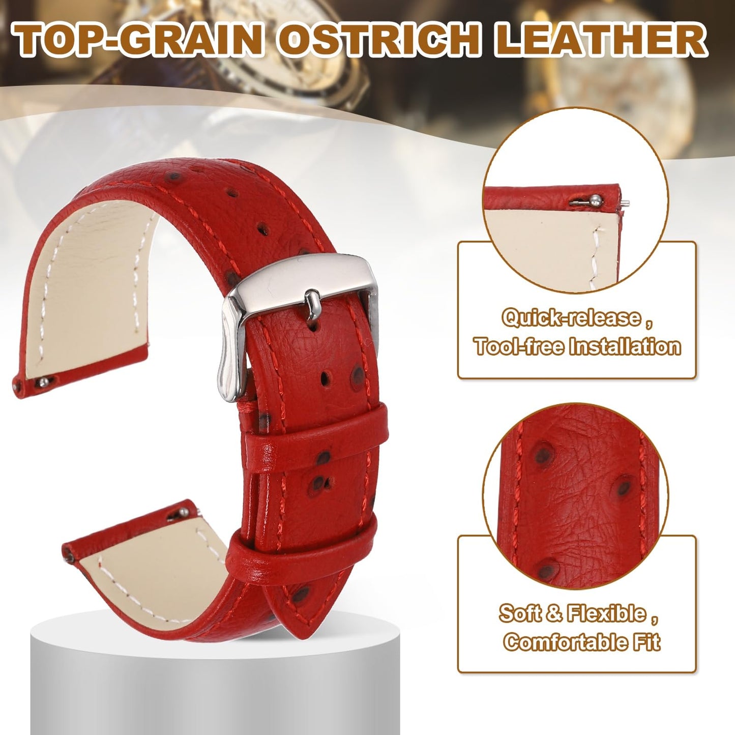 HARFINGTON Watch Band 22mm Width Vintage Top Grain Leather Quick Release Watch Strap Wristband Replacement Bands with Buckle Pin for Men Women Gifts, Silver-Red