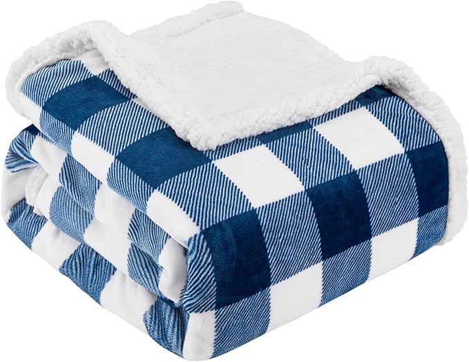 Touchat Sherpa Plaid Twin Blanket 60" X 70", Fuzzy Fluffy Soft Cozy Throw Blanket, Twin Size Plush Fleece Flannel Plush Microfiber Blanket for Couch Bed Sofa (Navy)