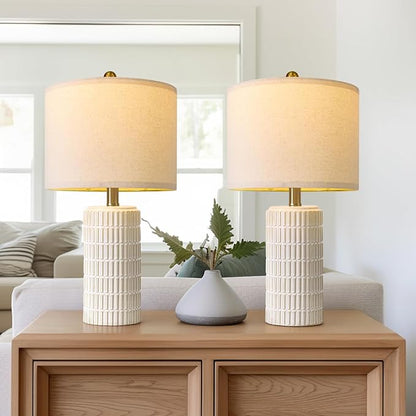 PoKat 20.75" Small Modern Ceramic Table Lamps Set of 2 for Bedroom, White Bedside Lamps for Night Stands, Farmhouse Desk Decor Nightstand Table Lamps for Living Room End Table Beige