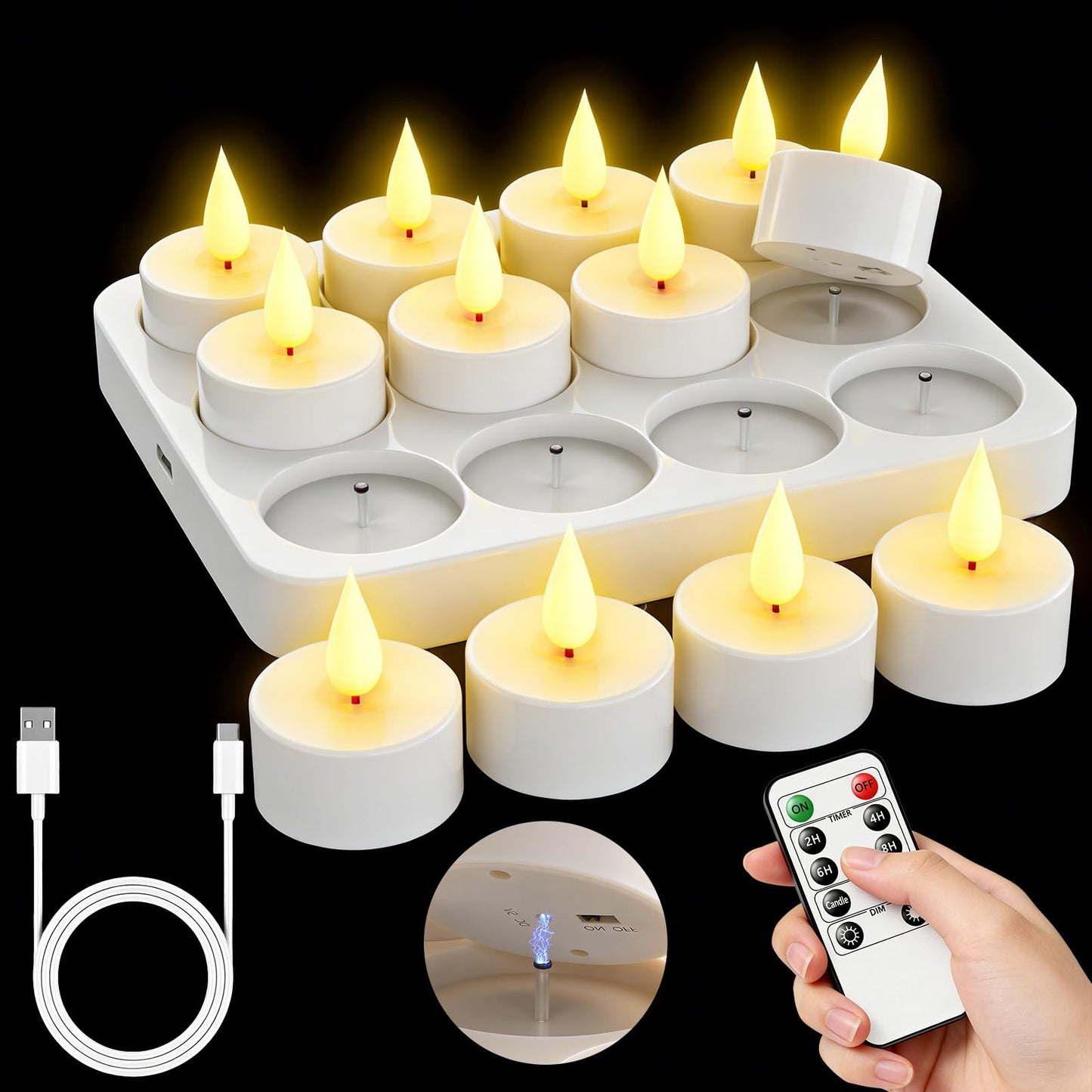 12Pack Rechargeable Tea Lights with Charging Base, Remote & Timer Flameless Tealight, LED Flickering Battery Operated Candles for Christmas, Halloween, Weddings & Table Centerpieces (1.46" x 1.99")
