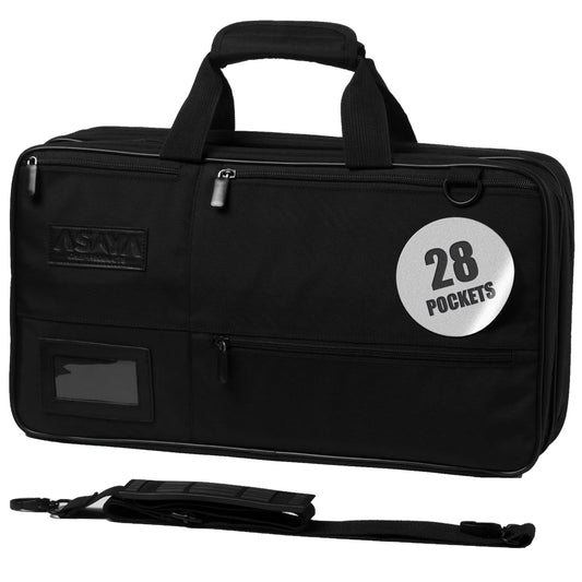 Asaya Chef Knife Bag - 28-Pocket Knives Carrying Case for Kitchen Tools and Utensils, Ballistic Nylon Chef Knife Roll Bag with Adjustable Shoulder Strap - Knives Not Included (Black)