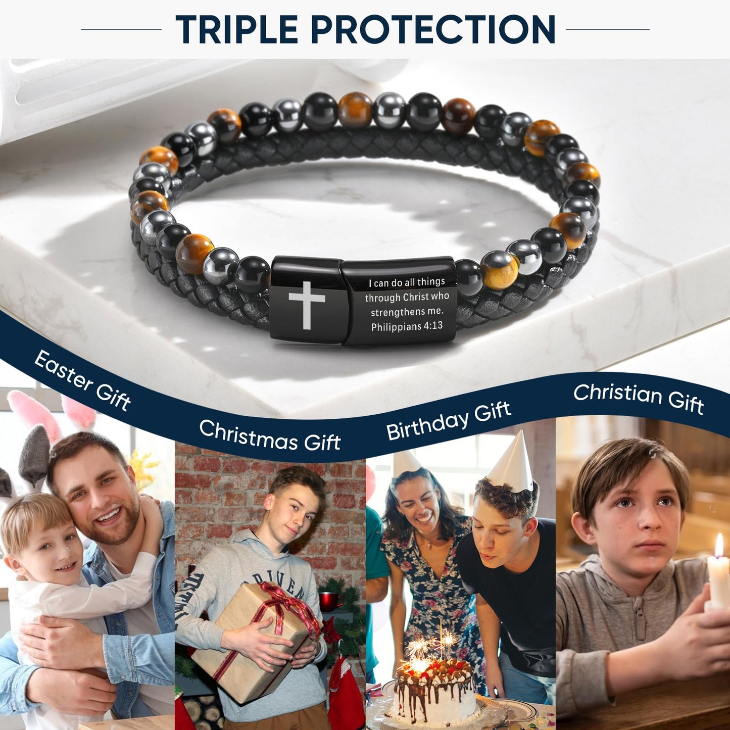 MEALGUET Triple Protection Leather Cross Bracelet : Men's Bible Verse Engraved Tiger's Eye Hematite Onyx Healing Stone Braided Black Cross Bracelets, I Can do All Things Through Christ
