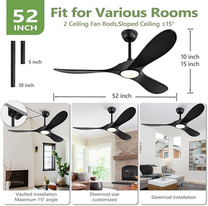 52 Inch Ceiling Fans with Lights and Remote, Dimmable 3 Blade Wood Outdoor Ceiling Fan Outdoor Fans for Patios Low Profile Modern Ceiling Fan with Light for Living Room Indoor Matte Black