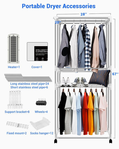 KASYDoFF Portable Clothes Dryer, 110V -1600W Portable Dryer for Apartment, 67Inch -3 Tier Foldable Clothes Dryers Rack, Energy Saving Portable Dryer for Indoor, Travel, RV