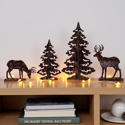 YULETIME 4-Piece Metal Christmas Reindeer and Tree Scene Silhouette Set, Winter Forest Deer & Spruce Landscape Holiday Tabletop Ornament