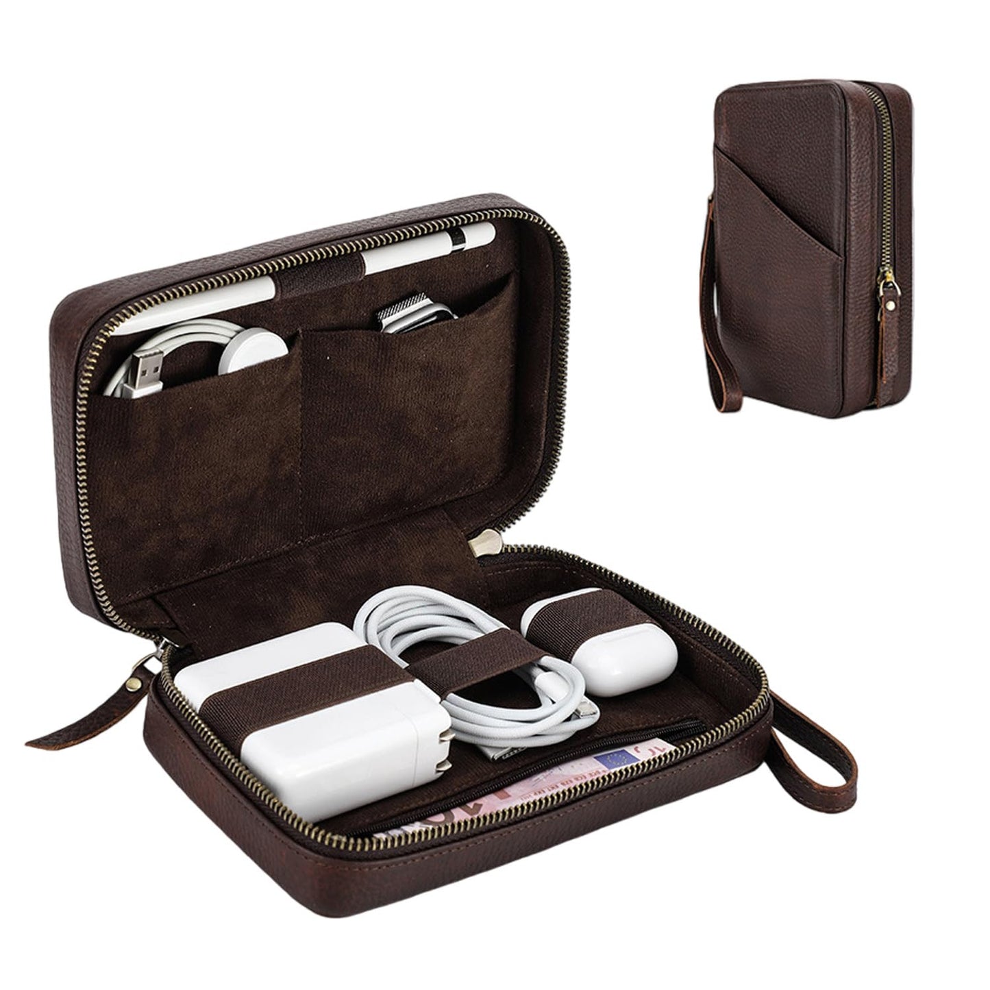 Acidea Full Grain Leather Electronics Accessories Storage Box Travel Cable Organizer Pouch, Charger Roll Up Case with Zippers Leather Tech Organizer for Power Bank, USB, Cables, Travel Essentials