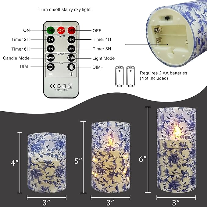 Flickering Flameless Candles Blue and White Porcelain Print, Embedded Star String Lights, Battery Operated Acrylic LED Pillar Candles with 11-Key Remote and Timer for Home Decoration, 3 Pack