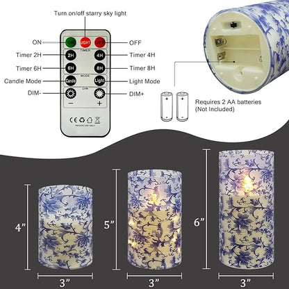 Flickering Flameless Candles Blue and White Porcelain Print, Embedded Star String Lights, Battery Operated Acrylic LED Pillar Candles with 11-Key Remote and Timer for Home Decoration, 3 Pack