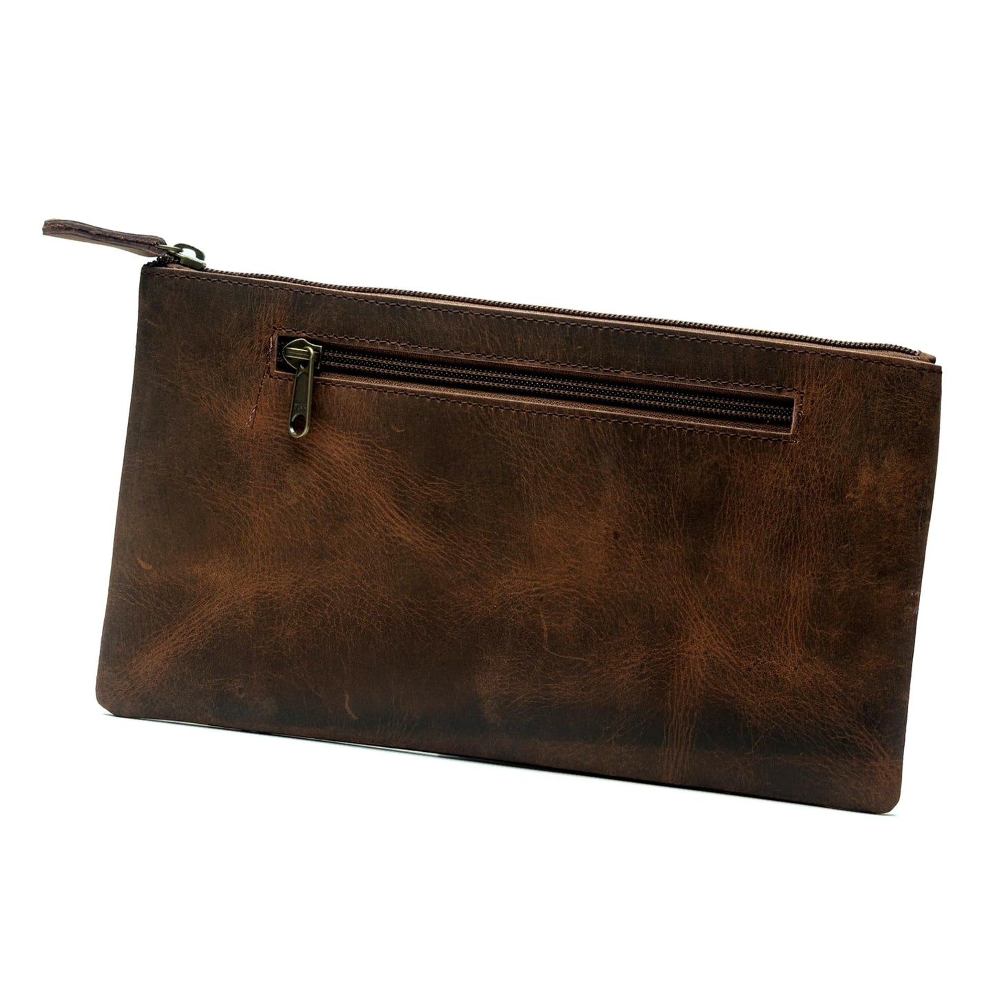 WANDERINGS Genuine Leather Pencil Pouch Case - Large 11" x 6.5" (28 x 16cm) - Hand Crafted Brown Leather Zipper Pouch - Slim Pencil Case Holder for Men and Women