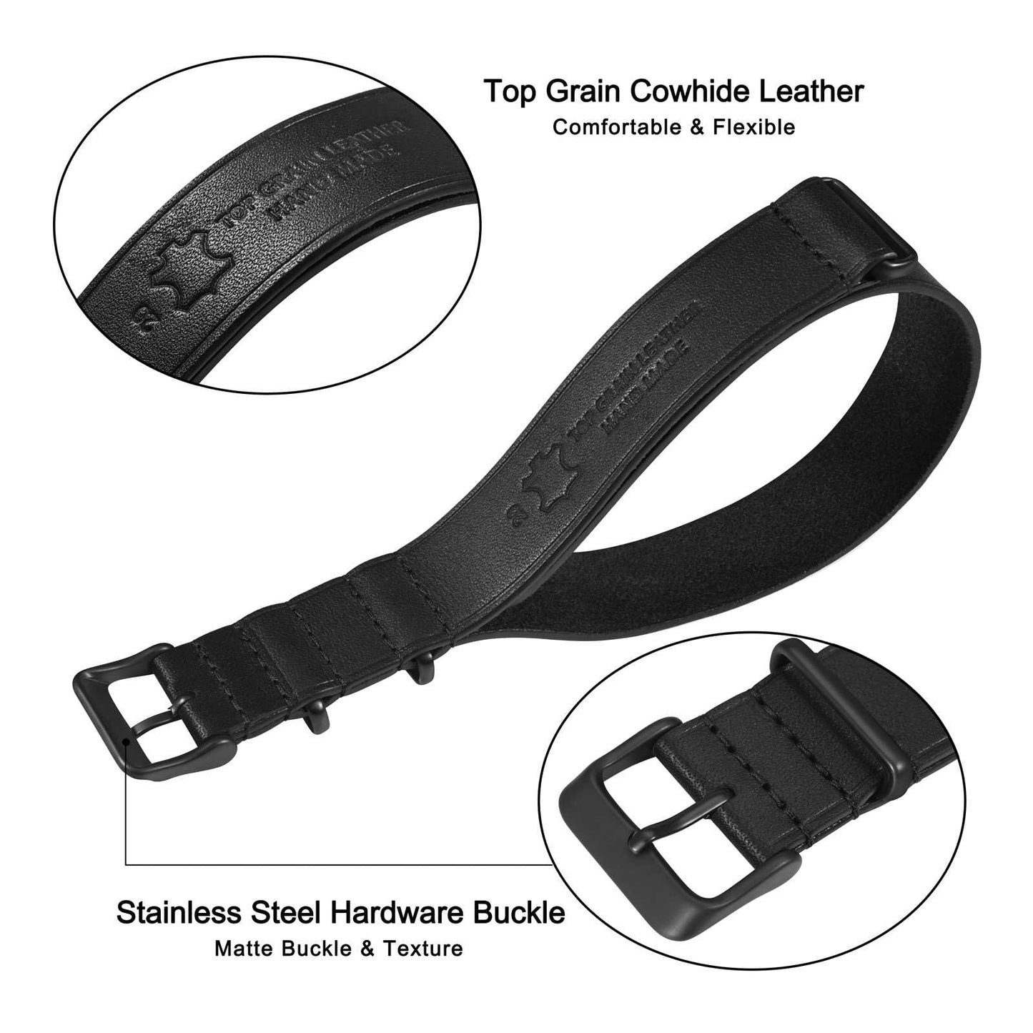 ANNEFIT Leather Watch Band 22mm, Genuine Calfskin One-Piece Military Watch Straps for Men and Women with Matte Black Buckle (Black)