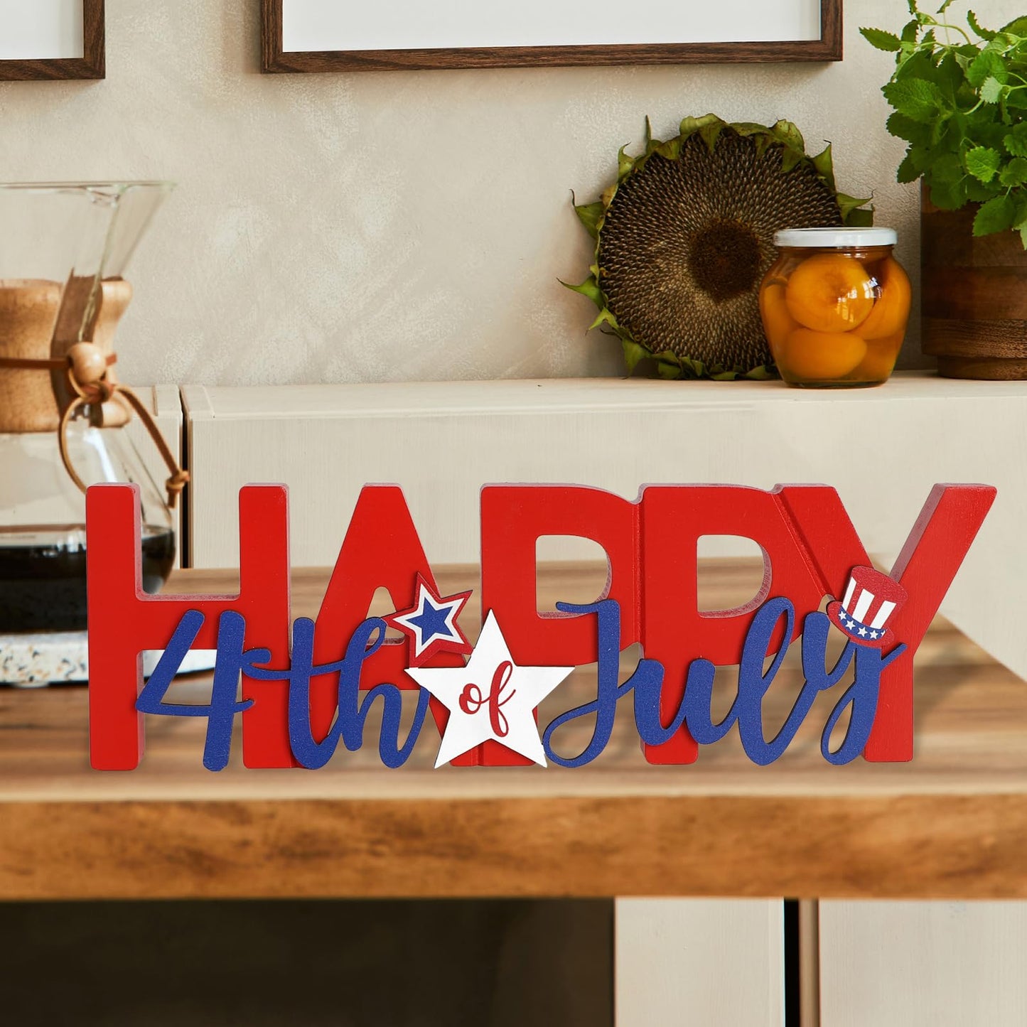 COCHIE Wooden Happy 4th of July Sign, Fourth of July Decorations for Home, Office, Shelf, Mantel, Indoor, Wood Patriotic Decor, Red Blue and White Table Top Centerpiece Party Decoration (Patriotic)