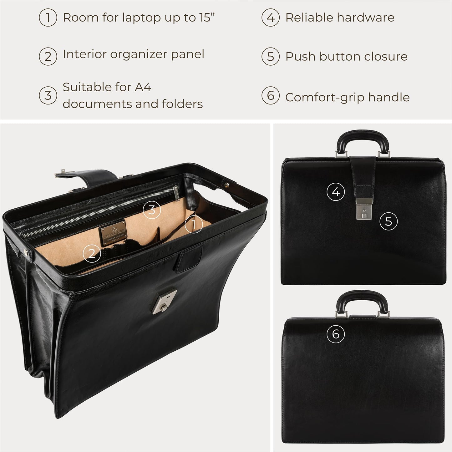 Time Resistance Leather Lawyer Briefcase - Italian Handmade Laptop Bag for Men and Women - Attache Case - Doctor Bag
