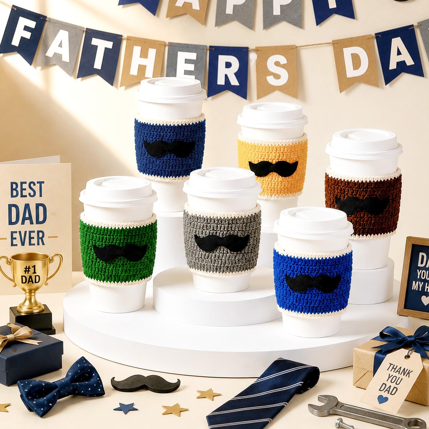 Cinrobiye Crochet Coffee Cup Sleeve Set, Father’s Day Gift Set for Dad and Grandpa, Reusable Knit Mug Cozy Covers 6 Pack with Appreciation Cards, Blue Coffee Cup Holder Gift