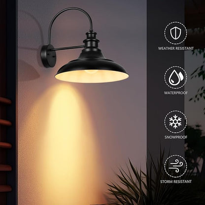 Outdoor Barn Light Fixture, 16 Inch Large Dome Farmhouse Exterior Wall Mount Light, Rustic Gooseneck Wall Sconce Indoor Wall Lighting Fixture, Industrial Black White Lantern for Porch, 1 Pack