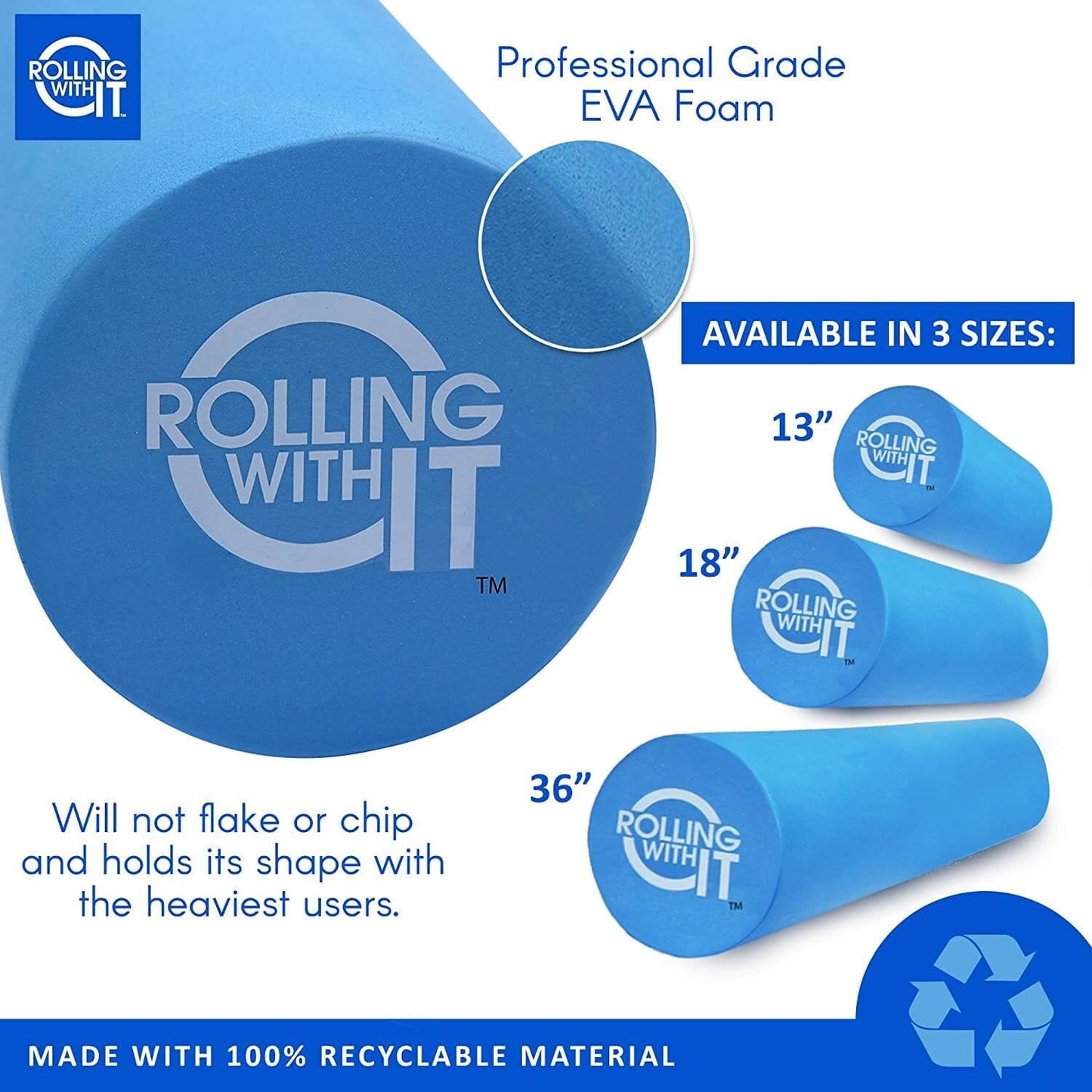 Rolling With It Foam Roller with High Density for Physical Therapy, Muscle Roller for Exercise and Muscle Recovery, Eco-Friendly Back Roller, Firm and Smooth Surface Massage Roller, Select Your Size