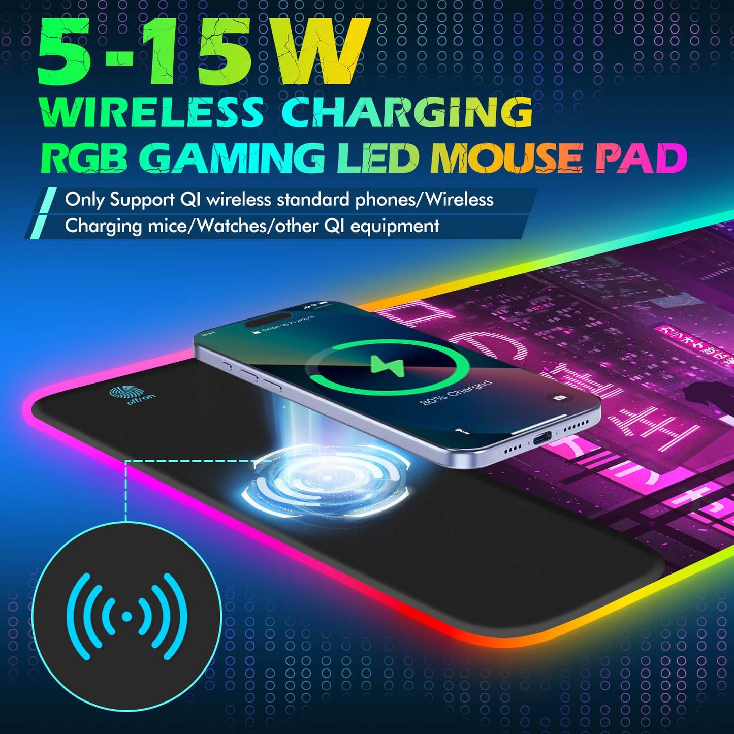 ToLuLu RGB Gaming Wireless Charging Mouse Pad, 5/7.5/10/15W 10 Light Modes LED Mouse Pad Computer Keyboard Mat Mousepad, 800x300x4MM Extended Large Desk Mat for Gaming, MacBook, Laptop, PC, Galaxy