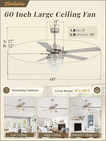Fanbulous 60 Inch Modern Farmhouse Fandelier Ceiling Fans with Lights, Brushed Nickel Crystal Ceiling Fan Chandelier, 6 Speeds and Reversible, 3CCT, Indoor Ceiling Fan for Living Room Bedroom Kitchen
