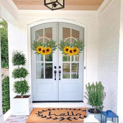 Spring Wreaths for Front Door 10" Artificial Floral Wood Bead Wreaths Eucalyptus Leaves Sunflower Wreaths for Front Door Boho Farmhouse Wall Decor 2 Pack