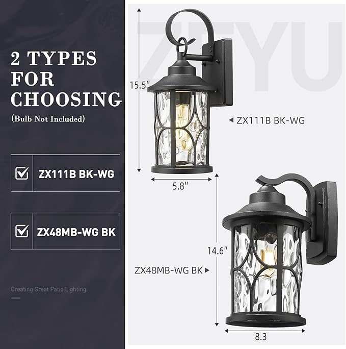 zeyu Wall Mounted Lantern Light, 15.5 Inch Outdoor Wall Light Fixtures for House in Black Finish, Die-Cast Aluminum with Water Ripple Glass, ZX111B BK-WG