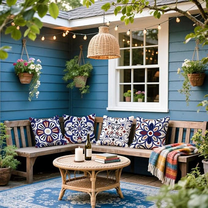 Cirzone Outdoor Pillow Covers 18x18 Set of 4 Morden Blue Geometric Patterns Waterproof Throw Outdoor Pillows Boho Decorations for Funiture Patio Garden Home
