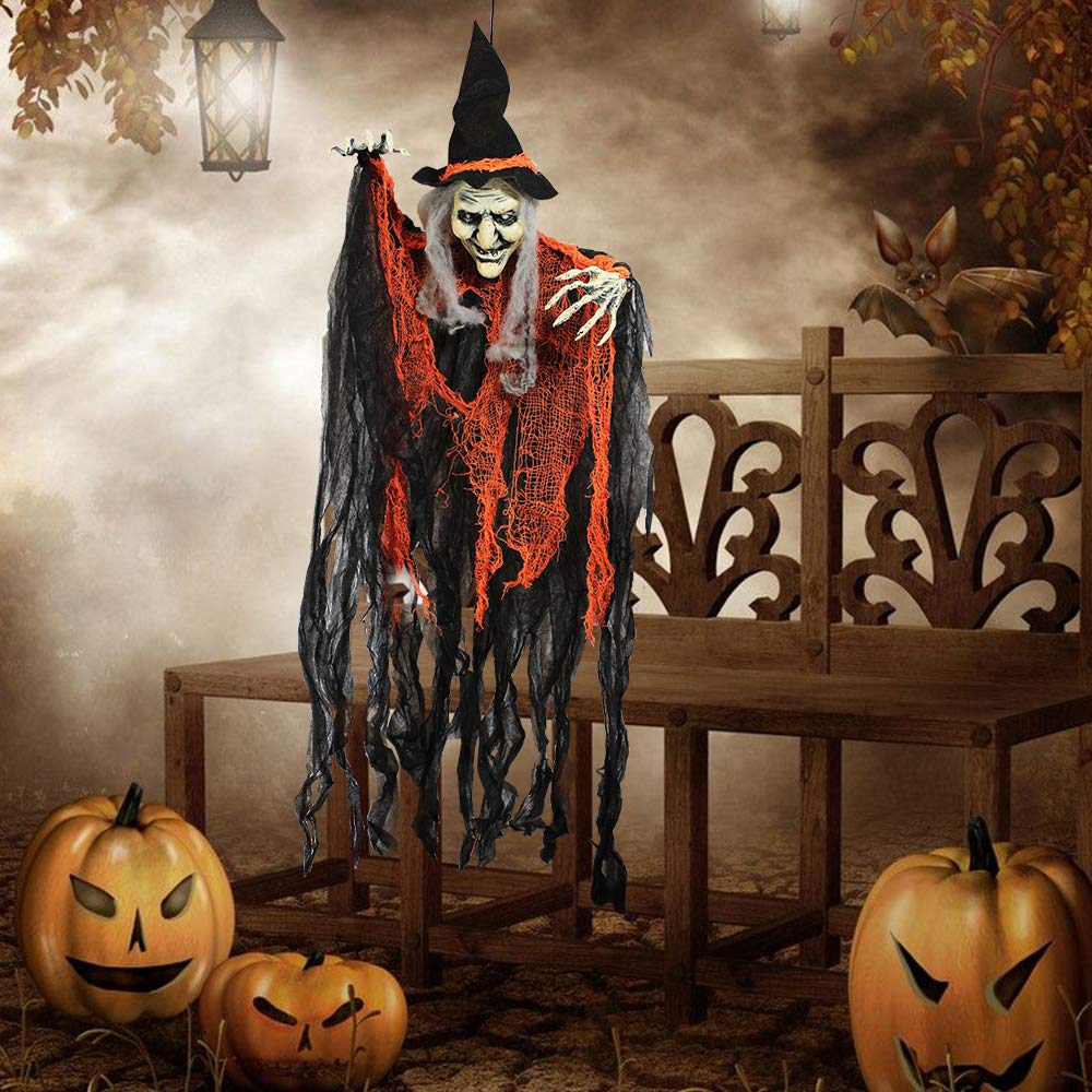 JOYIN 3 Pack 35” Hanging Ghosts Witch Pumpkin Decor Hanging Halloween Decorations Outdoor Halloween Decor, Scary Flying Witch Grim Reapers Haunted House Front Porch Decor Yard Garden Lawn Party