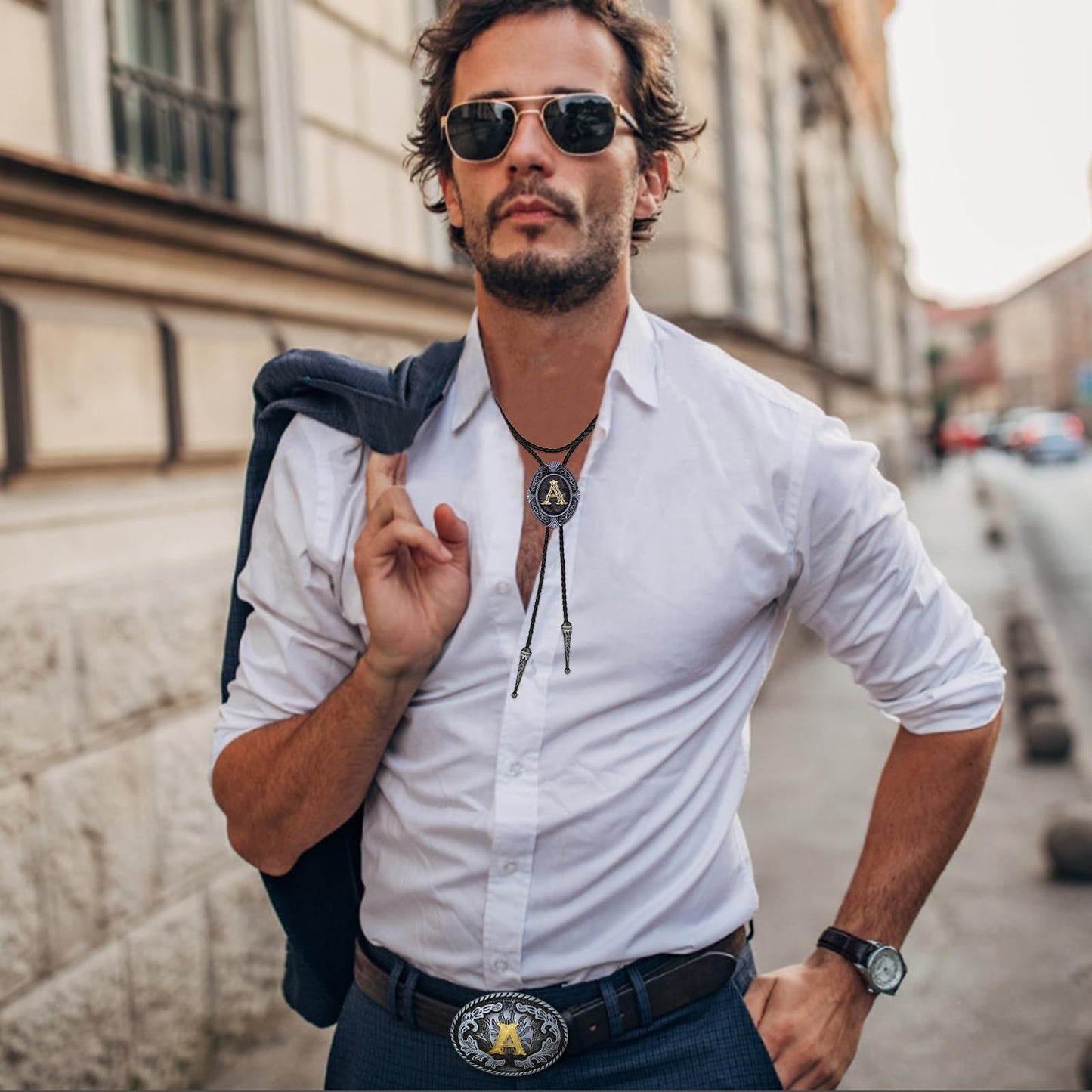 Fibbadet 2Pcs Belt Buckle Bolo Tie Set for Men, Western Cowboy Initial Letters Leather Necktie Belt Buckles for Husband Boyfriend A