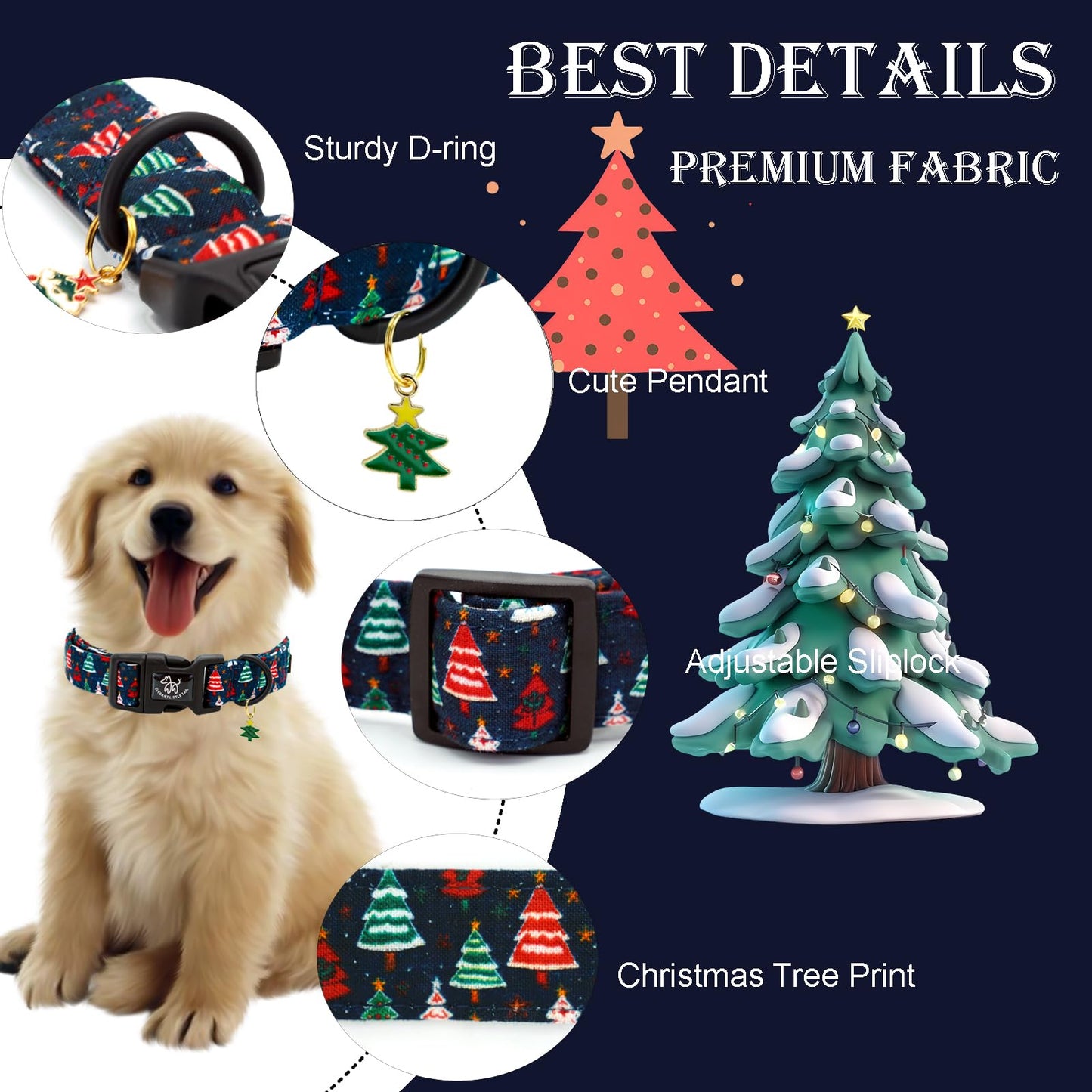 Elegant little tail Christmas Dog Collar - Christmas Tree Red Pet Collar Cotton Soft Plastic Buckle Sturdy Puppy Collars Holiday Female or Male Adjustable Collar for Small Puppy