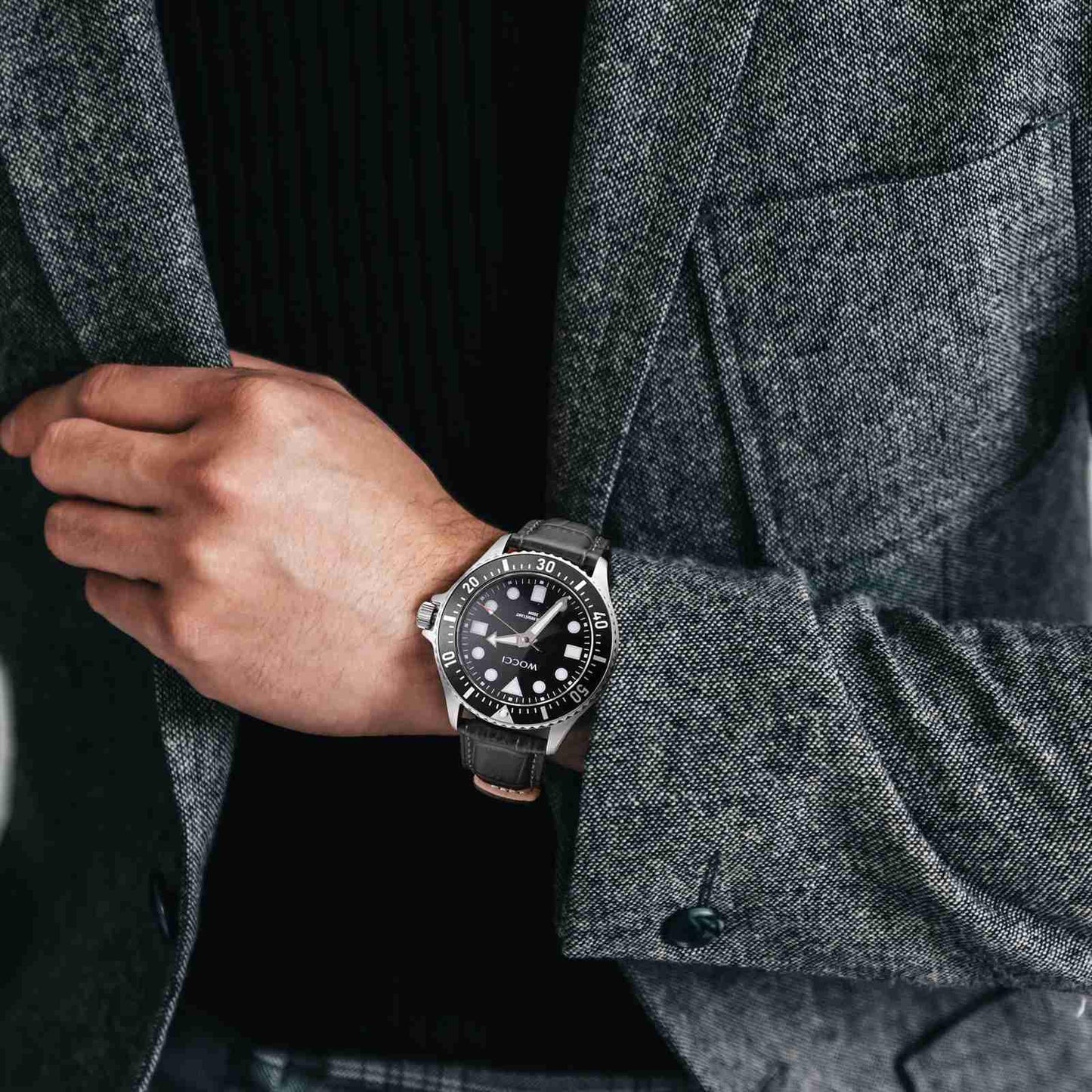 WOCCI 22mm Watch Band, Top Grain Leather, Embossed Alligator Grain, Quick Release, Black Buckle (Dark Grey)